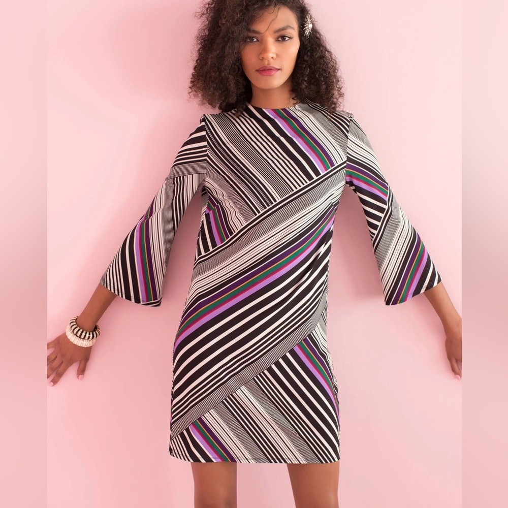 NWT Trina Turk Merry Dress‎ - Striped Geometric Black White Purple Size M